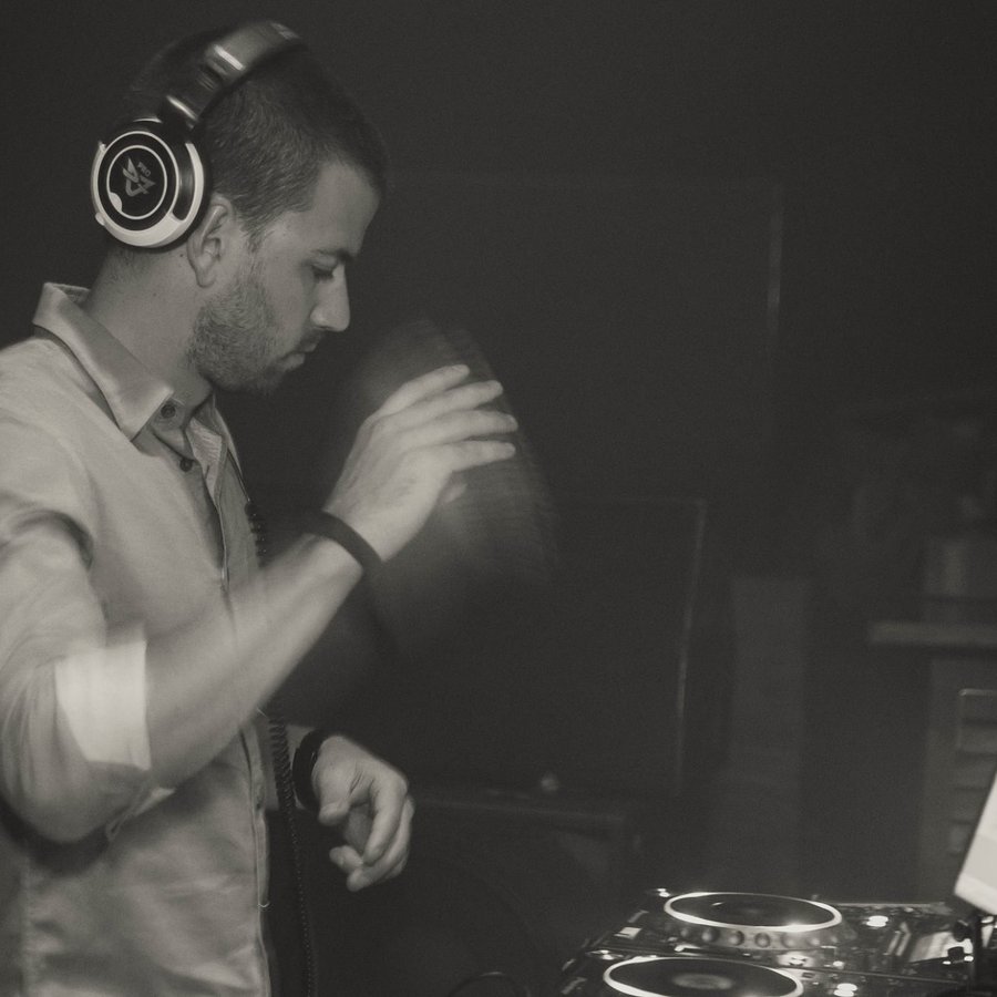 DJ with headphones, black and white